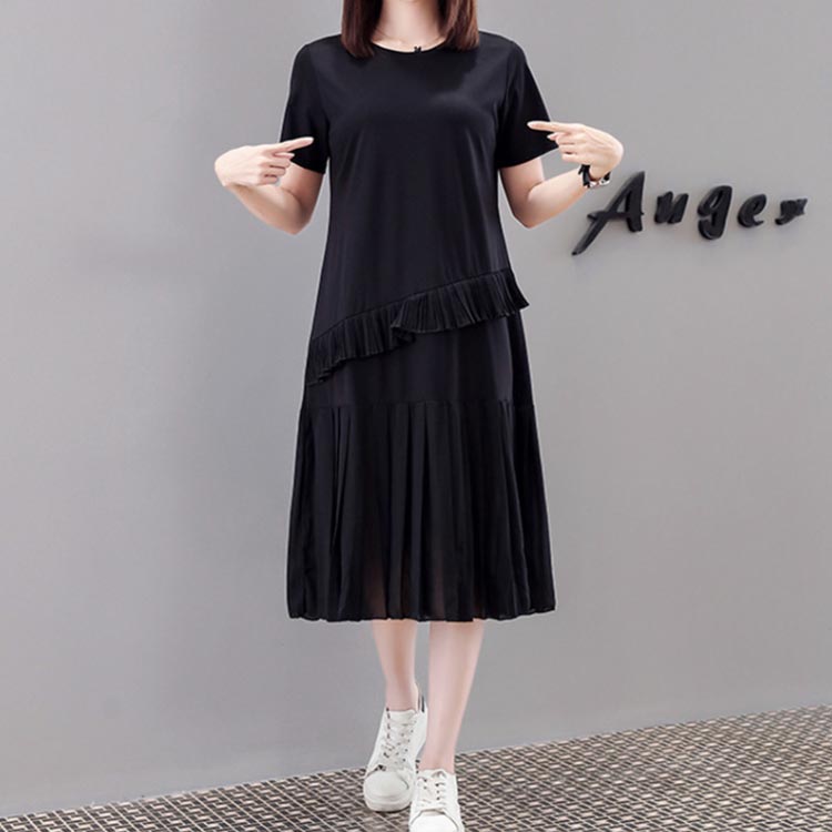 Minana S 4xlサイズ プリーツスカートワンピース フリル ドッキングワンピース ワンピース 半袖 Tシャツワンピース 膝丈 半袖ワンピース 大きサイズ ゆったり 切り替え プリーツ ブラック 夏