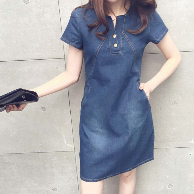 Minana S 4xlサイズ 半袖デニムワンピース ワンピース デニムワンピース 半袖 膝上丈ワンピース Aライン 半袖ワンピース 大きサイズ 夏 おしゃれ 可愛い