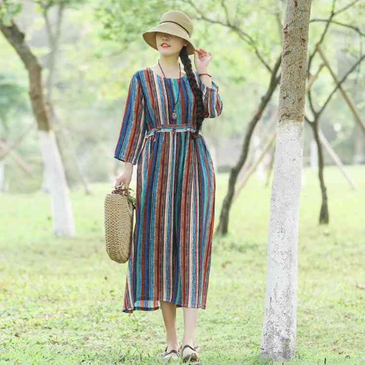 Minana マルチカラー ストライプワンピース マルチカラー ワンピース 9分袖 ロングワンピース プリントワンピース ストライプ柄 ミモレ ワンピース カジュアル ゆったり 綿麻 リネン 春 夏 秋