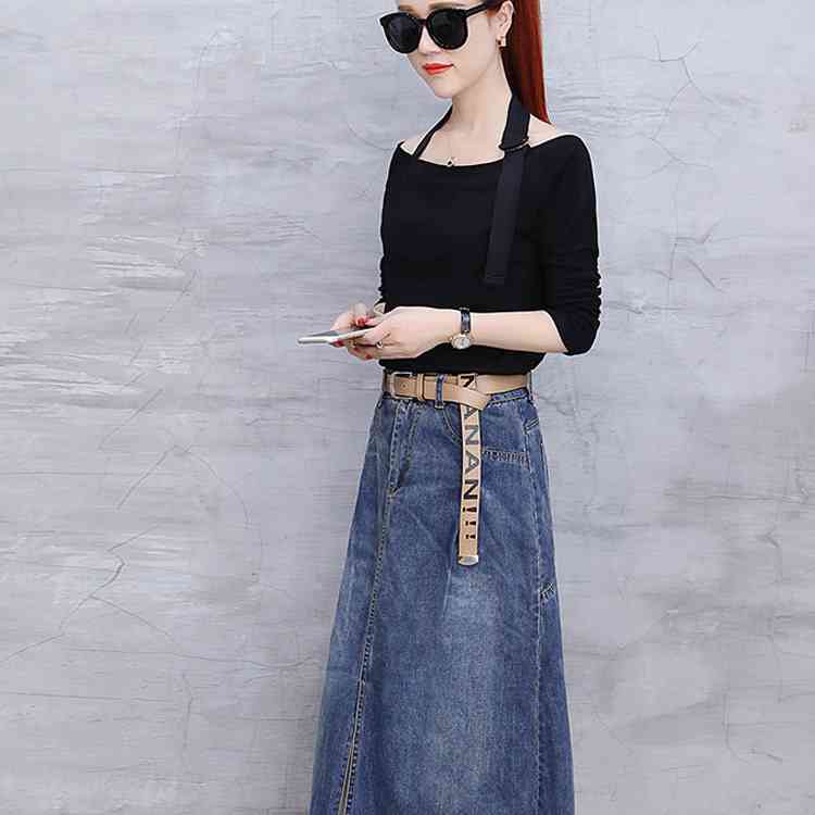 Minana Tシャツ スカート 2点セット セットアップ 長袖tシャツ デニムスカート 上下セット ホルターネック Tシャツ 無地 ボーダー デニムスカート ミディアム丈 スカート デニム スリット 春 夏 秋