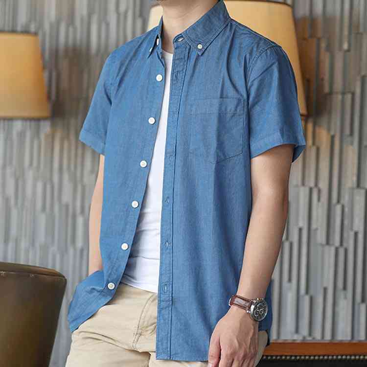 Minana 送料無料 全3色 7サイズ デニムシャツ メンズ シャツ カジュアルシャツ 半袖 ブラウス デニム 半袖シャツ ボタンダウン 無地 春 夏 メンズファッション