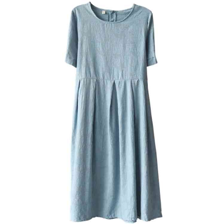 Minana 送料無料 ナチュラルで可愛い風合いに 綿麻ワンピース リネンワンピース 半袖 マキシワンピース 夏 ワンピース ロング丈 マキシ丈 森ガール カジュアル 綿麻 シンプル 無地 ラウンドネック