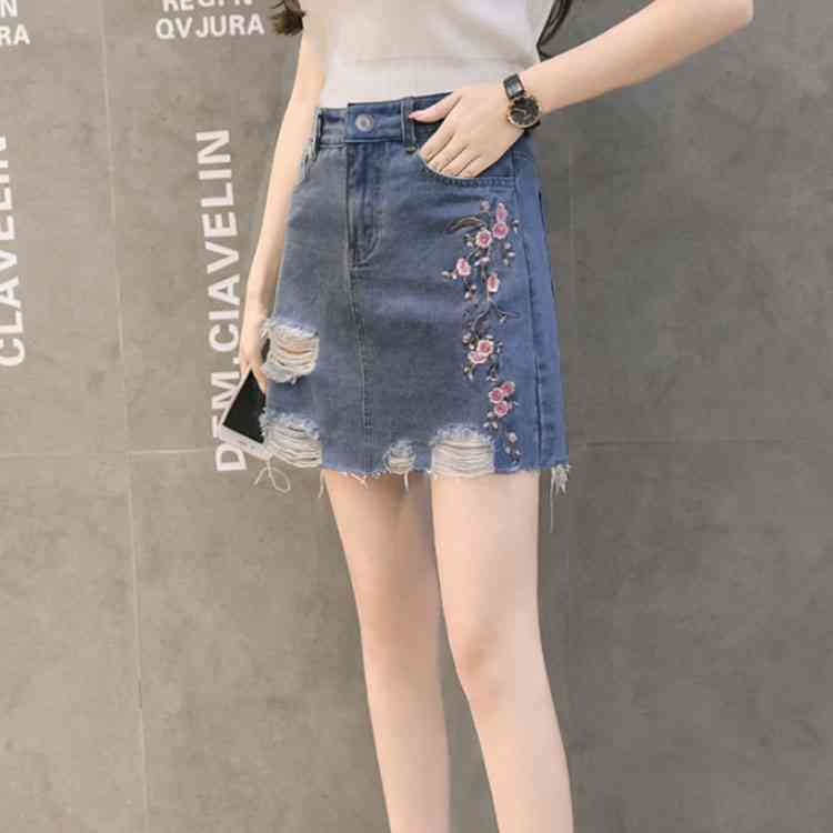 Minana 送料無料 目を惹く花柄刺繍item ダメージ加工 デニムスカート ミニ 台形スカート デニムミニスカート 刺繍入り 花柄 デニム スカート 美脚 ハイウエスト 春夏