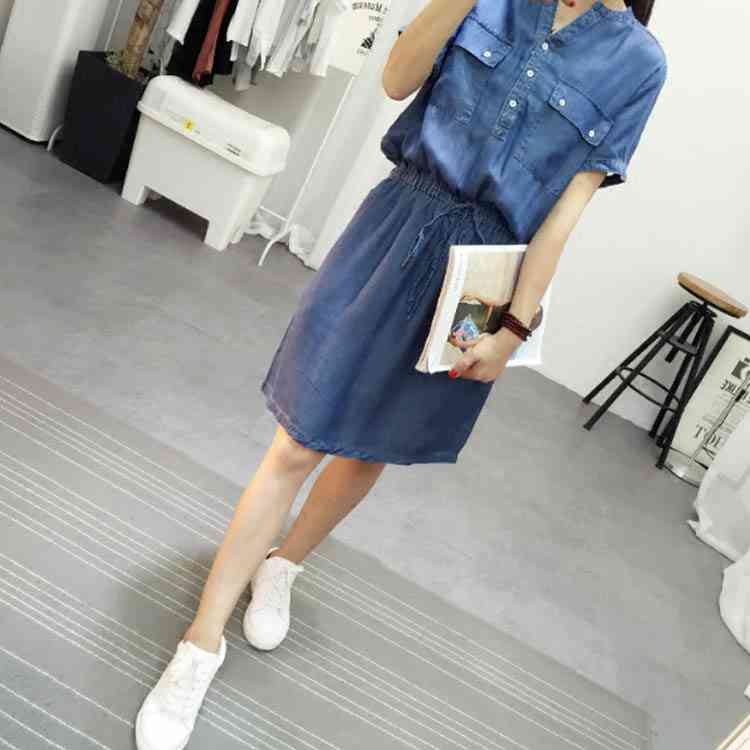 Minana 送料無料 ウエスト紐付きでメリハリup デニムワンピース デニム シャツワンピース 半袖 デニムワンピ 春ワンピース 夏 ワンピース Vネック カジュアル ミディアム丈 ゆったり 可愛い