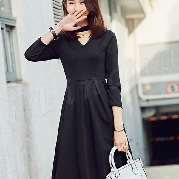 Minana ロングフレアワンピースフォーマルワンピvネックワンピースクラシックワンピaラインワンピース優雅ブラックワンピ大きいサイズエレガント