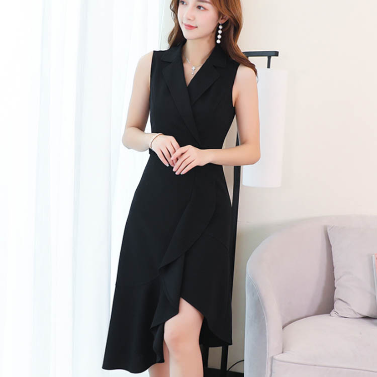 Minana 送料無料 ワンピース 襟付きvネック ノースリーブ 夏 レディース マーメイドワンピース ミディアム丈 襟付き Aライン パーティードレス フリル フレア 通勤 デート フォーマル 結婚式 お呼ばれ 女子会