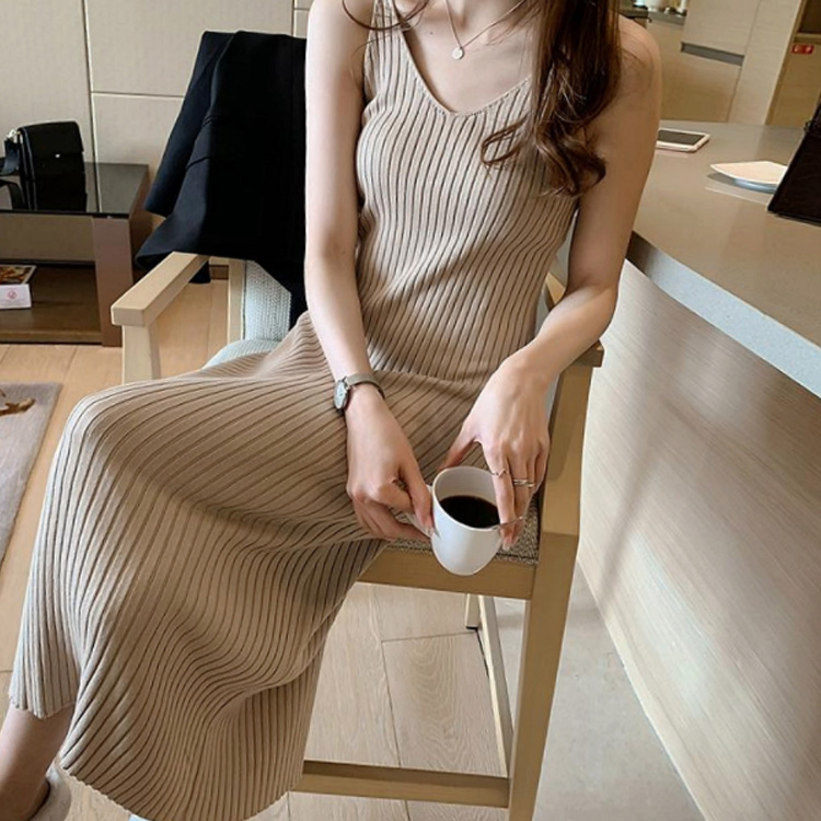 Minana リブニットワンピース ノースリーブ ミモレ丈 ワンピース レディース ニットワンピース キャミソールワンピース キャミワンピース 無地 リブ編み ロングワンピース シンプル スリット入り 大きいサイズ 春 秋冬 セクシー