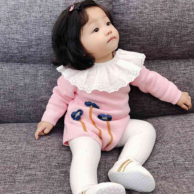 Minana ニット ロンパース 長袖 ベビー 赤ちゃん コットンレース ビッグ襟 花柄 無地 秋冬 新作 幼稚園 保育園 長袖 新生児 赤ちゃん 出産祝い プレゼント 秋冬 3ヶ月 6ヶ月 12ヶ月 18ヶ月 2歳