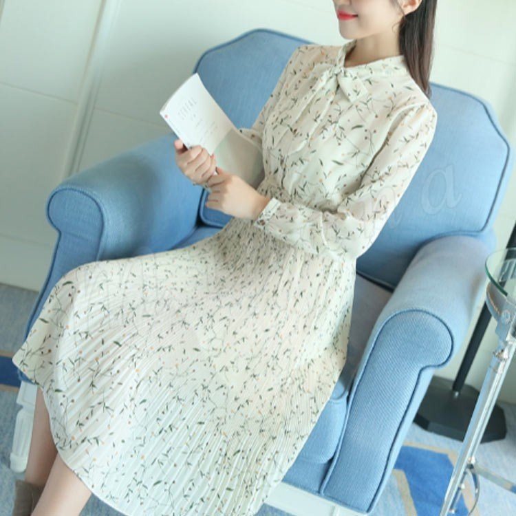 Minana ロングワンピース ボウタイ ワンピース レトロ 森ガール シフォン ワンピース ミモレ丈 ワンピース フレアワンピース ロング丈 Aライン