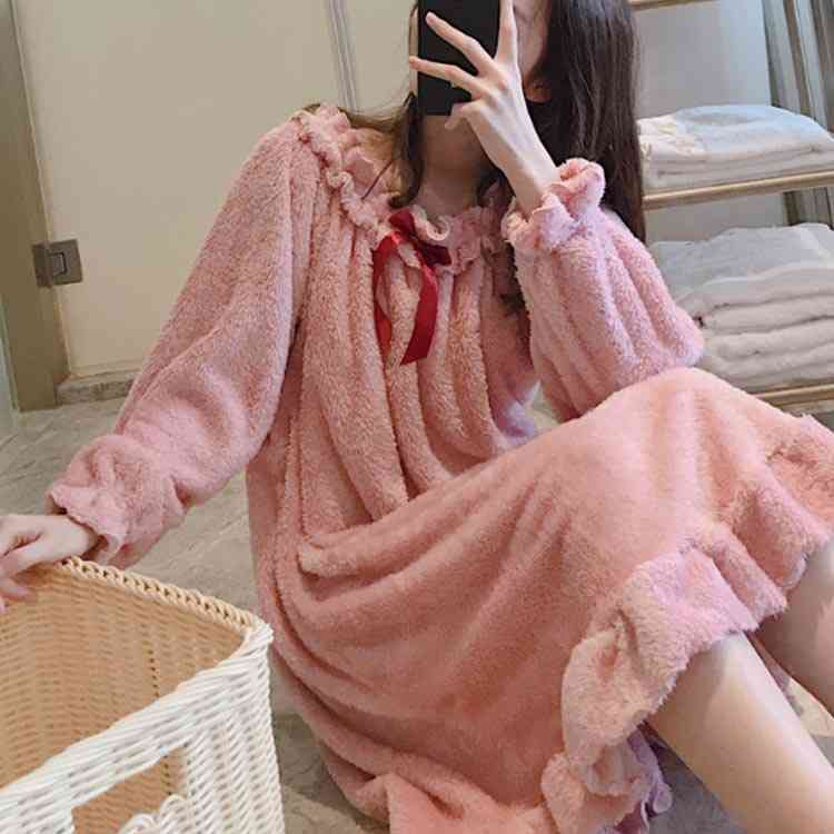 Minana ネグリジェ 冬 ワンピース ネグリジェ ロング モコモコ ルームウェア レディース フレアワンピ ボールネック 厚手 暖かい 姫 パジャマ ローブ 可愛い オシャレ