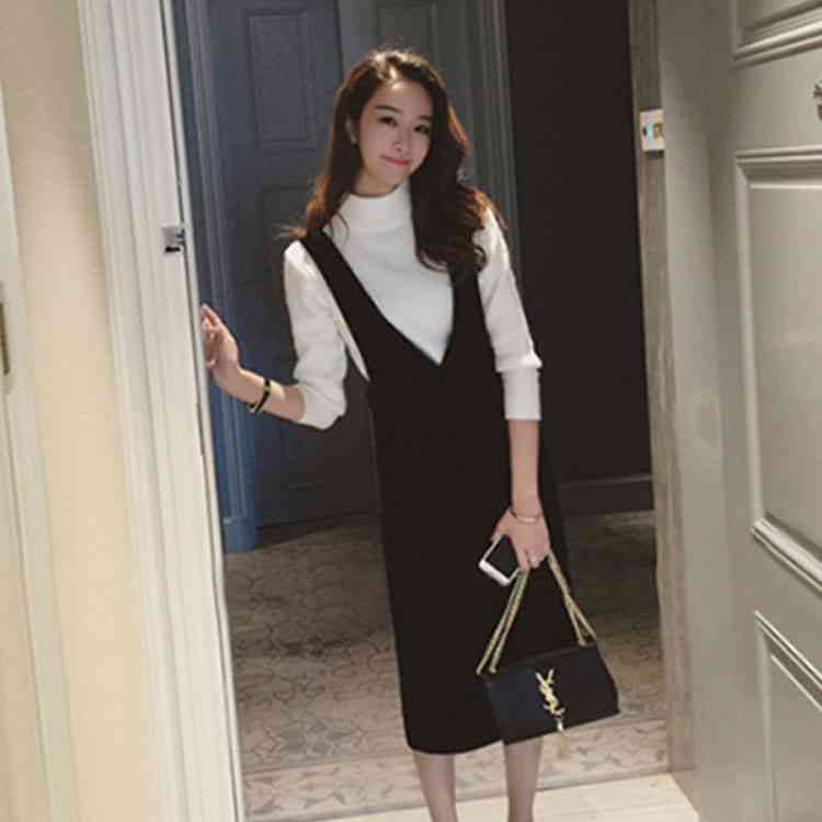 Minana ワンピース レディース 秋 冬 きれいめ 膝丈ワンピースセットアップ 40代 Vネック スリットスカート 長袖ニット ワンピース 2点セット ワンピース オシャレ 上品