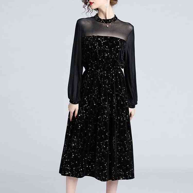 Minana ワンピース レディース 40代 秋冬 きれいめ マキシ丈ワンピース 星柄 レース切り替えワンピース 長袖 ベルベット 黒 ワンピース 結婚式ドレス 通勤 着痩せ