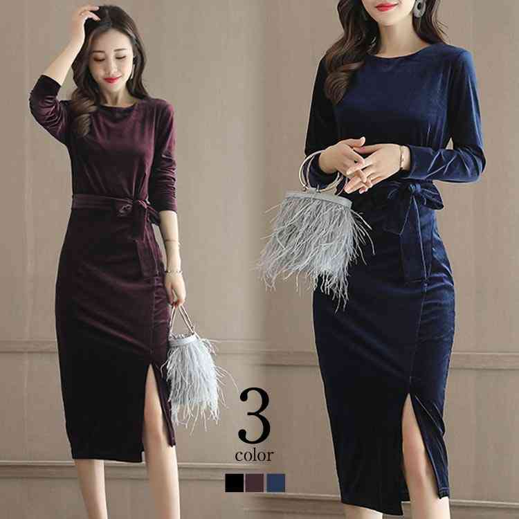 Minana ワンピース レディース きれいめ フォーマルワンピース 結婚式 ドレス ロングワンピース スリット ベロアワンピース 秋冬 タイト ワンピース 着痩せ 30代