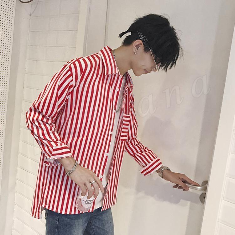 Minana カジュアルシャツ メンズ トップス ボーダー ストライプ シンプル カジュアル 胸ポケット 後ろ丈長め 大きめ メンズファッション 長袖