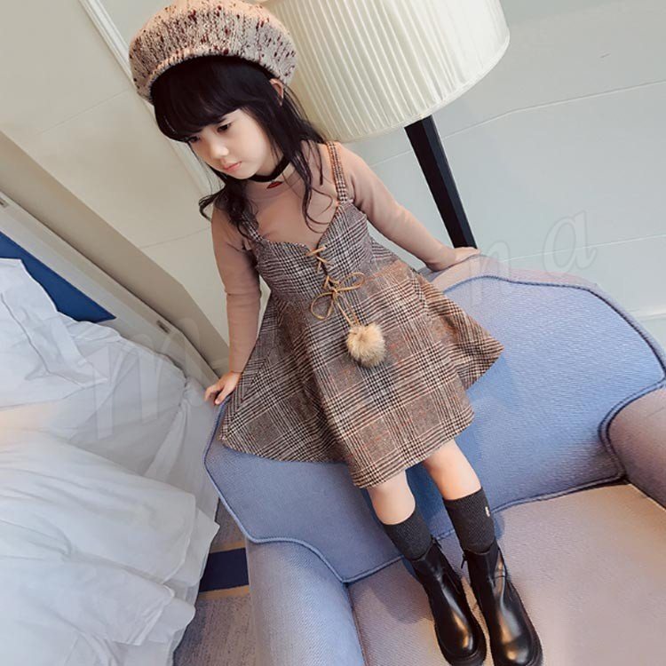 Minana グレンチェック ワンピース 子供服 二点セット シャツ 女の子 キャミソールワンピース 長袖トップス 丸襟 フレアスカート 膝丈 ワンピース ミ