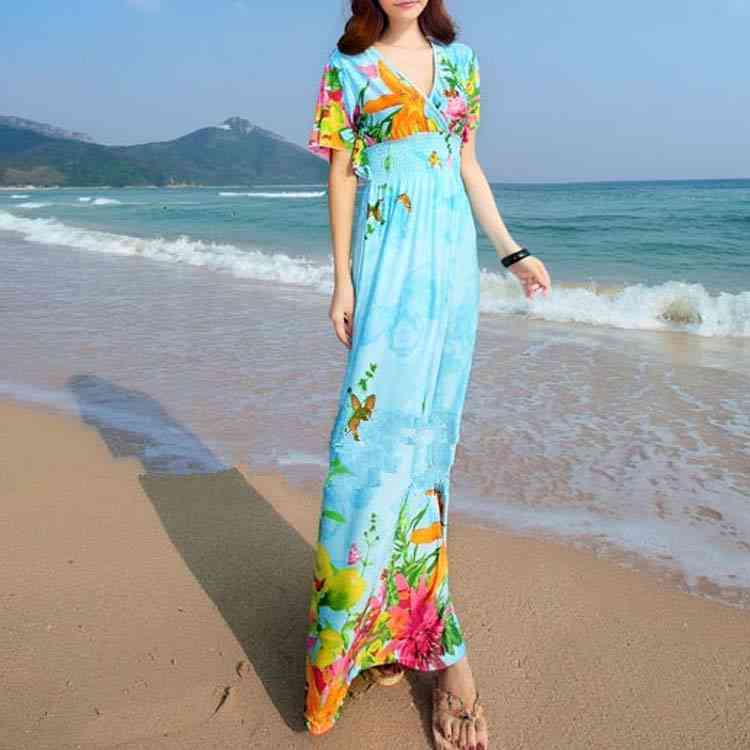 Minana 大人 女性 マキシワンピ 半袖 マキシ ワンピ Vネック キャップスリーブ Vネックマキシドレス 花柄 蝶柄 ワンピース レディース