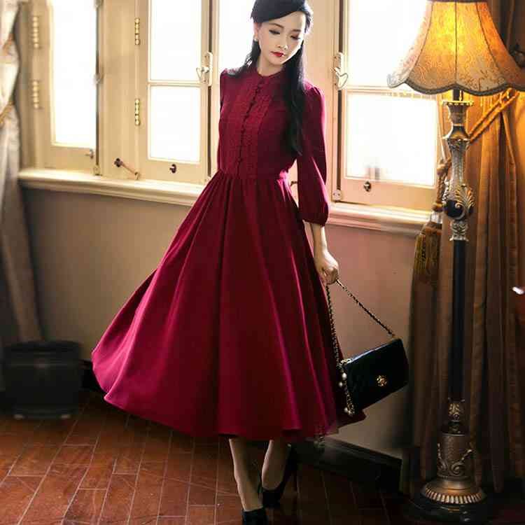 Minana レトロワンピース ロング お嬢様ワンピ フレアワンピース ハイウエスト 復古系ワンピース Aラインワンピース 結婚式 無地