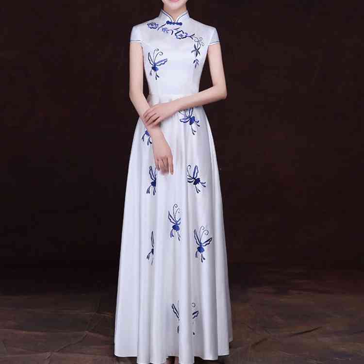 Minana チャイナ風ドレス マキシ フレアワンピース 花柄刺繍ワンピース パーティードレス パーティードレス 結婚式2次会 発表会 舞台衣装