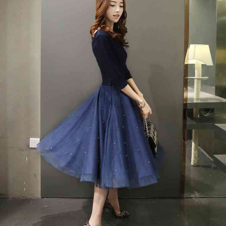 Minana ワンピース レディース ドレス マキシワンピース 結婚式 可愛い チュールワンピース ボートネック ビーズ 七分袖 ロング マキシ ワンピ 姫 オシャ