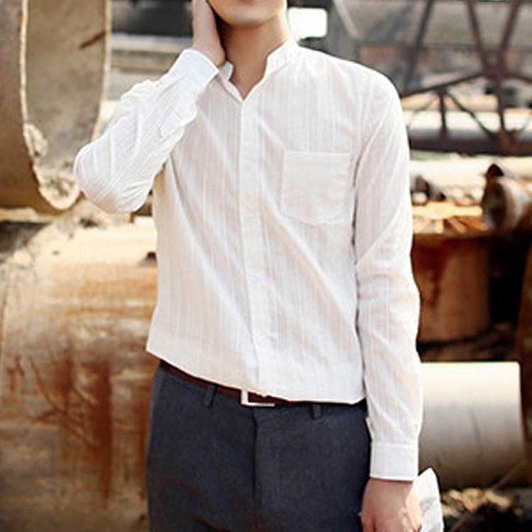 Minana リネンシャツ メンズ 長袖 無地 立ち襟 綿麻 ビジネス