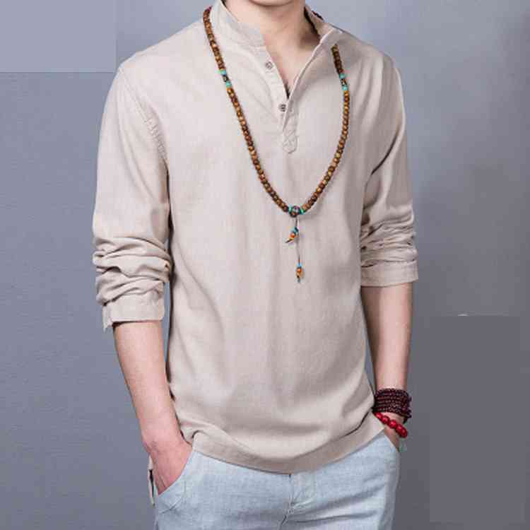 Minana リネンシャツ Tシャツ 長袖 メンズ 無地 綿麻 ゆったり 立ち襟