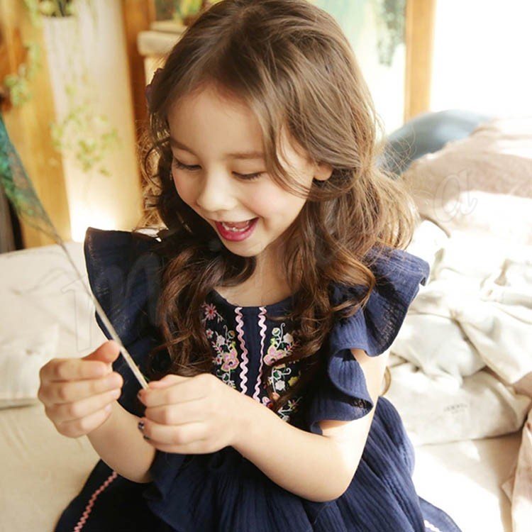 Minana 子供服刺繍ワンピースガールズ女の子子どもワンピースジュニアノースリーブワンピース綿麻ワンピース夏服プリンセスワンピース