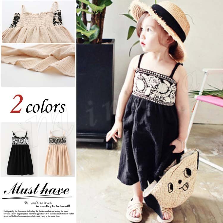 Minana キッズ ワンピース ノースリーブ マキシ丈 ロングスカート スカート リネン 麻 綿麻 女の子 ガール 子供 子供服 こども 子ども 刺繍