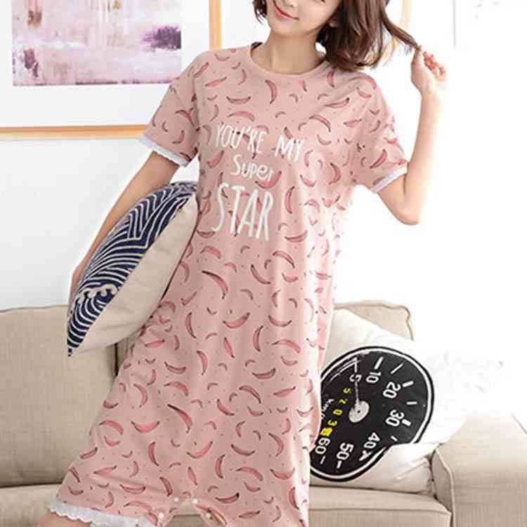 Minana パジャマ 夏 パジャマ レディース 半袖 肌にやさしい綿素材パジャマ ワンピース コットン レース バナナ柄