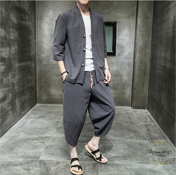 21新作 セットアップ メンズ チャイナ服 リネンジャージ 七分袖 シャツ 上下2点セット スウェットセット サルエルパンツ ゆったり 春夏秋 父の日 割引価格