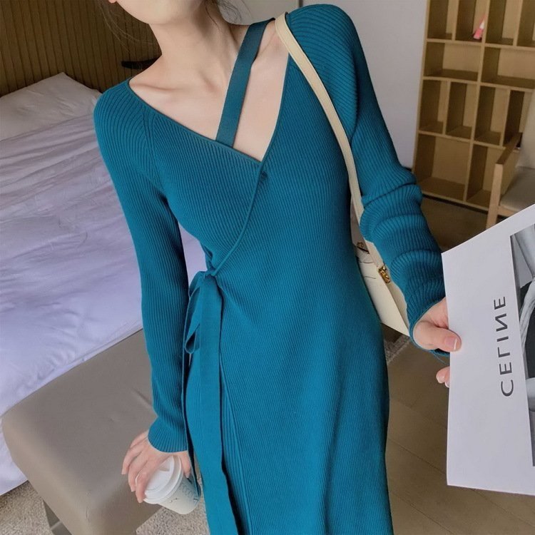 超特価激安 ニットワンピース レディース 40代 秋冬 長袖ワンピース ｖネックニットワンピース ロングスカート ひざ下 無地セーター タイトスカート 安いそれに目立つ Alimamiy Ru