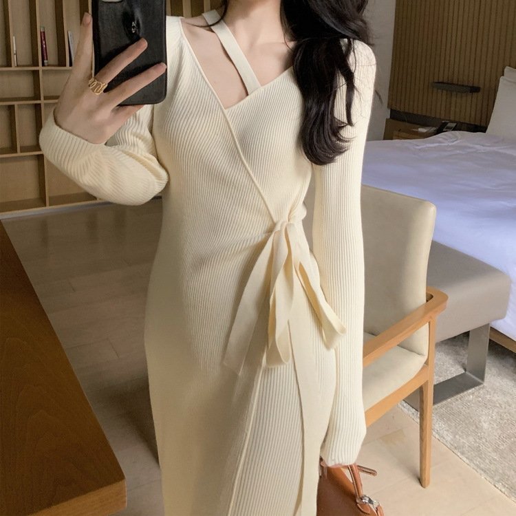 Minana ニットワンピース レディース 40代 秋冬 長袖ワンピース ｖネックニットワンピース ロングスカート ひざ下 無地セーター タイトスカート オシャレ 大人可愛い