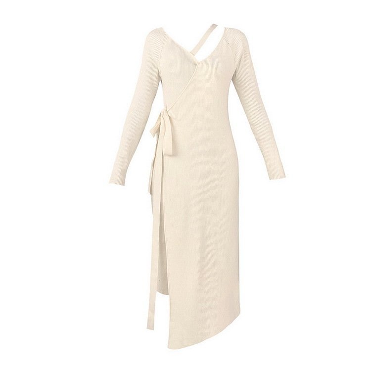 Minana ニットワンピース レディース 40代 秋冬 長袖ワンピース ｖネックニットワンピース ロングスカート ひざ下 無地セーター タイトスカート オシャレ 大人可愛い
