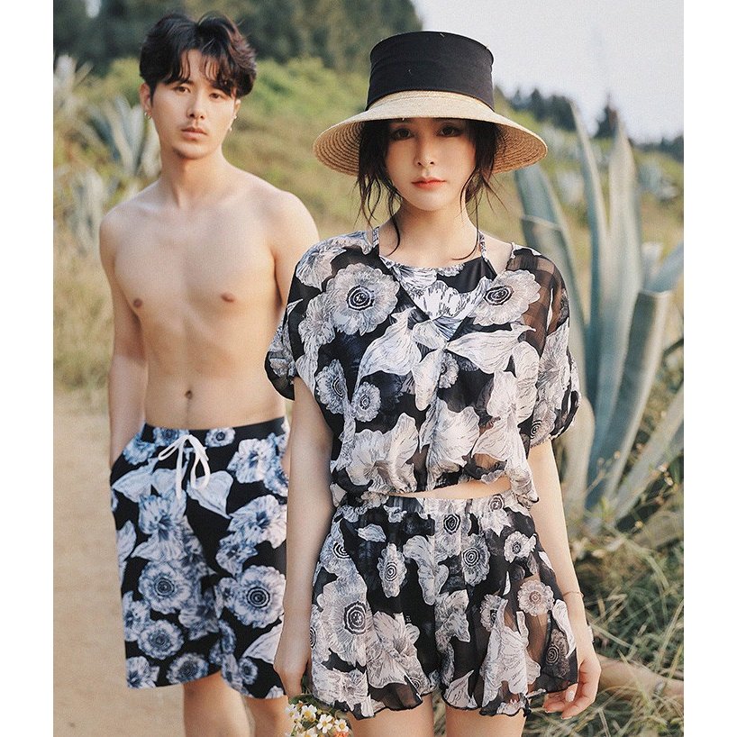 Minana ペア 水着 カップル レディース ビキニ メンズ サーフパンツ トランクス 花柄 シフォン 大きいサイズ ペアルック お揃い おそろい 5点セット 海水浴 ビーチ プー Minana ペア 水着 カップル レディース ビキニ メンズ サーフパンツ トランクス 花柄 シフォン 大きいサイズ ペアルック お揃い おそろい 5点セット 海水浴 ビーチ プー