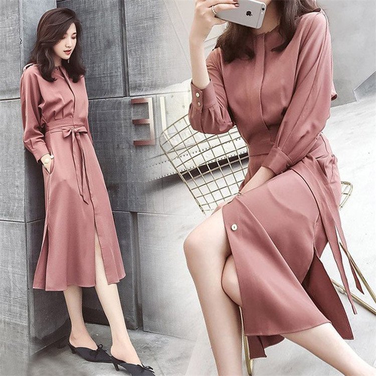 Minana ロングワンピース レディース きれいめ ファッション 40代 Aライン マキシ丈 秋 春 リボン付き シフォン 5分袖 30代 50代 スリット無地 通勤 オシャレ デート