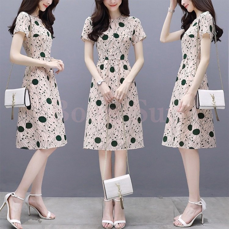 Minana ワンピース レディース 夏 半袖 40代 30代 プリント ドット 膝丈ワンピース きれいめ 韓国風 オシャレ ゆったり 通勤ワンピース Ol 着痩せ