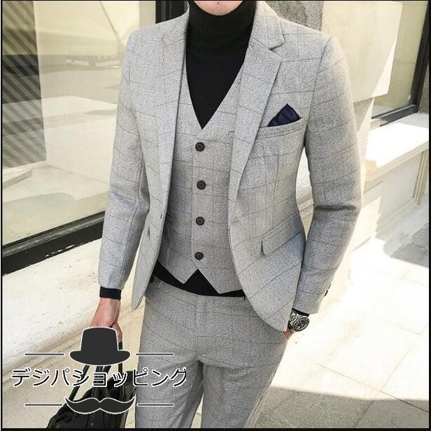 Minana スリーピース スーツ メンズ チェック柄 ビジネススーツ 結婚式 三点セット ジャケット ベスト パンツ スリーピース スリム カジュアル 冠婚葬祭 宴会 通勤