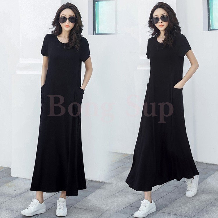 Minana ワンピース レディース 40代 マキシワンピース 春夏 半袖ワンピース 黒 モダール綿 スリットスカート 体型カバー 韓国風 オシャレ 大人 30代 50代