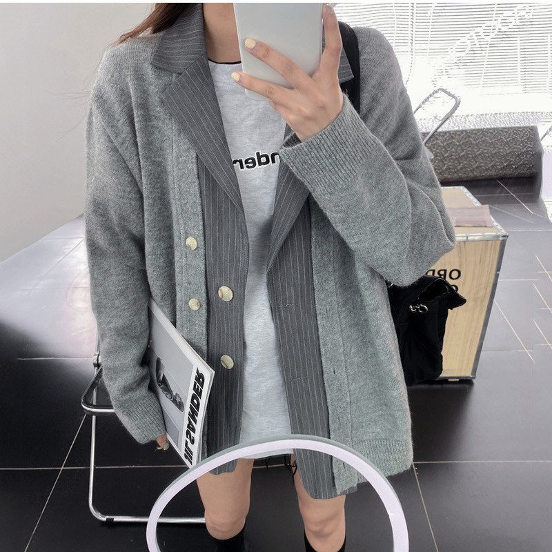 Minana 21年春新作 ニットカーディガン レディース アウター スーツ襟付き 前開き 重ね着風 トップス カジュアル ポケット付き ゆったり きれいめ おしゃれ 送料無料