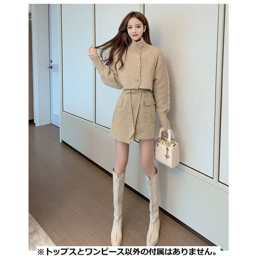 Minana ノースリーブワンピース カーディガン ショート丈 長袖 ツーピース 前開き 前ボタン タートルネック ミニスカート 腰ベルト タイト スリム おしゃれ