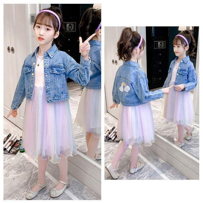 Minana 子供服 可愛い セットアップ 女の子 春 秋 ワンピース デニムジャケット 2点セット スウィート 長袖 お出かけ キッズ ワンピ ジャケット レインボー 110 160