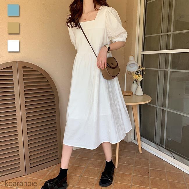 Minana 半袖ワンピース レディース ワンピース 夏 サマーワンピース スクエアネック ミモレワンピース バルーンスリーブ 無地 ロングワンピ レトロ