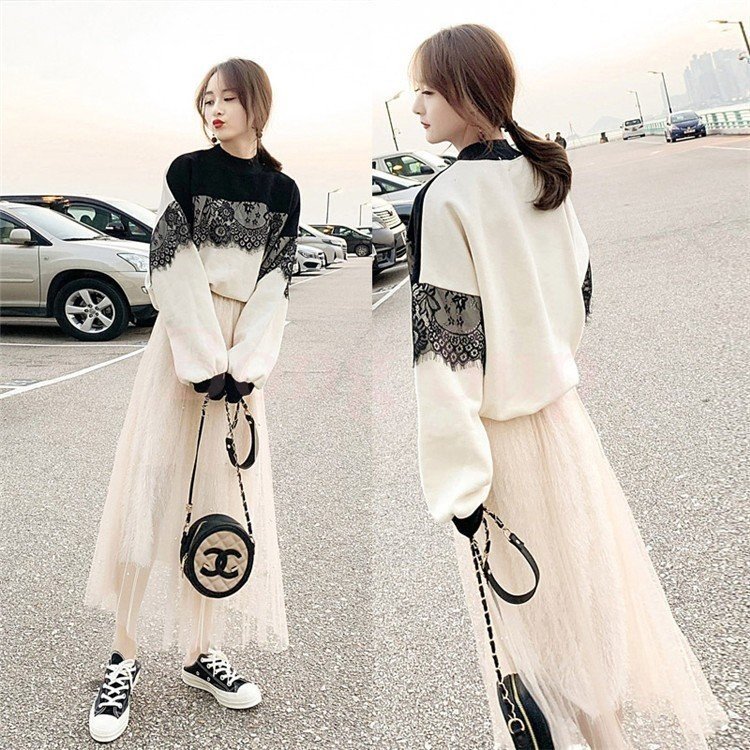 Minana 2点セット レディース レース ニットワンピース ドレス スウェット メリヤス チュールスカート 長袖 ルロング丈 秋冬 ワンピース 韓国風 着痩せ 通勤 新作