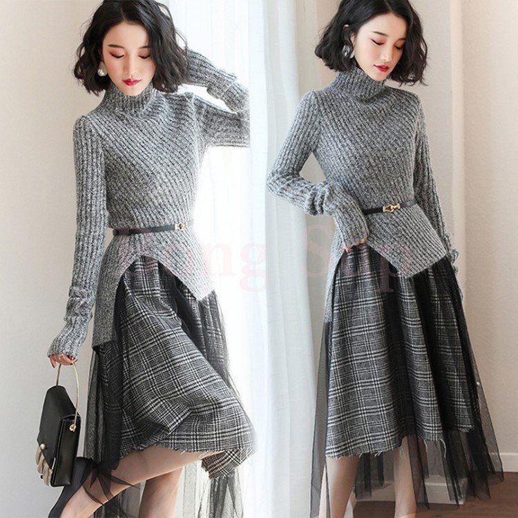Minana 2点セット レディース ニットワンピース ドレス フード付き チュールスカート メリヤス スカート セーター 長袖 ルロング丈 秋冬 ワンピース韓国風 着痩せ