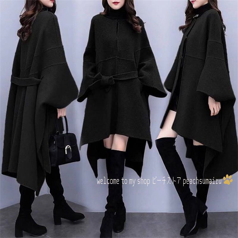 Minana マントコート レディース 秋冬 40代 マントジャケット 黒 ミディアム丈 ラシャコートノーカラーコート ポンチョ ゆったりアウター 通勤 着痩せ オシャレ 大人