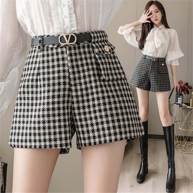 Minana ワイドパンツ 秋冬 レディース ハイウエスト きれいめ チェック柄 ショートパンツ ツイード 秋 ボトムス シンプル 可愛い かわいい