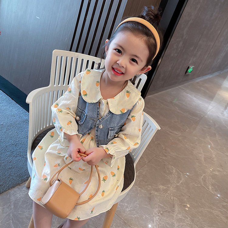 Minana 子供服 ワンピース 2点セット デニムベスト ワンピース 女の子 可愛い 長袖 パフスリーブ オシャレ カジュアル 小学生 卒業式 入学式 発表会 七五三