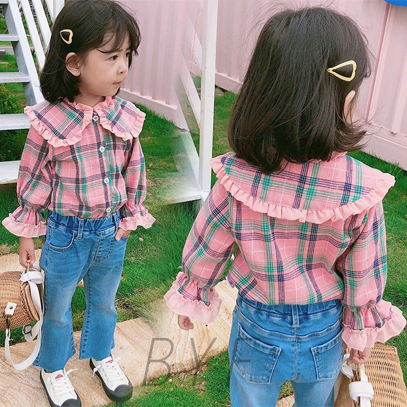 Minana 子供シャツ 長袖シャツ チェックシャツ トップス 子供服 キッズ 女の子 フリル ブラウス ジュニア 子供 こども ベビー かわいい カジュアル