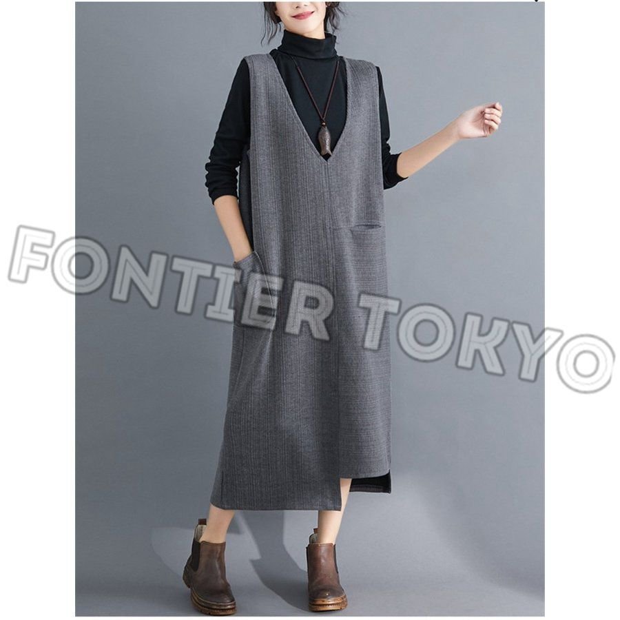 Minana ベストワンピース ロングワンピース ワンピース レディース ロング丈 体型カバー ゆったり 着痩せ 無地 Vネック アンバランス お洒落 通勤 上品 30代 40代 秋 冬
