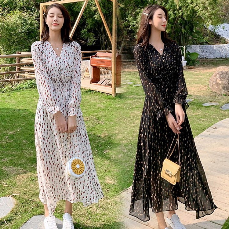 Minana ワンピース レディース 40代 マキシワンピース 春夏秋 長袖ワンピース きれいめ 花柄シフォン Vネック フレアスカート オシャレ結婚式ドレス お出かけ 大人