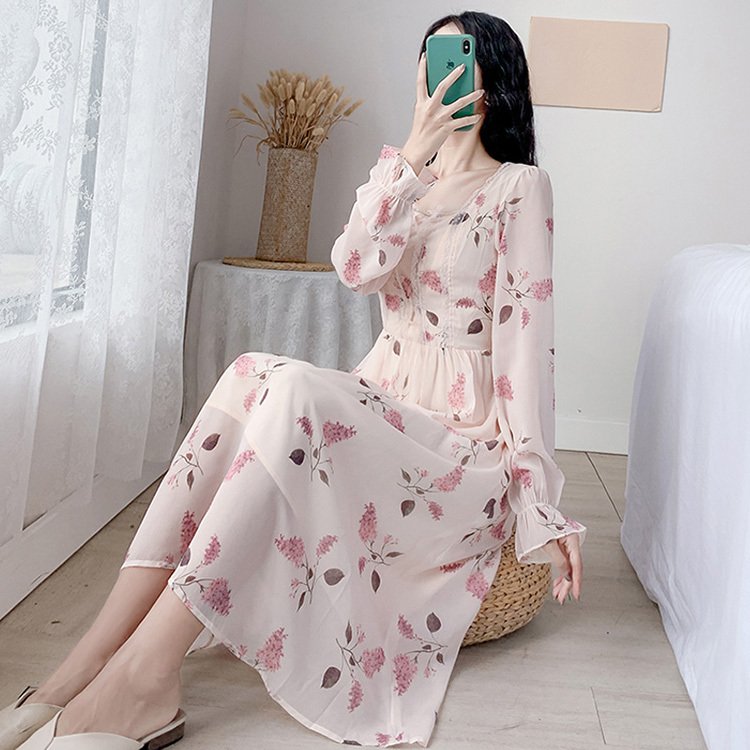 Minana ワンピース レディース 40代 マキシワンピース 春夏秋 長袖ワンピース きれいめ 花柄シフォン スクエアネック フレアスカート オシャレ結婚式ドレス お出かけ